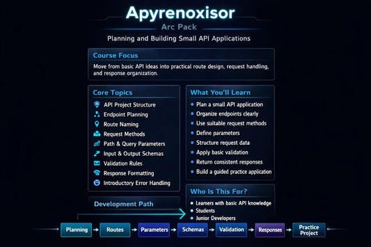A dark digital course graphic titled 'Apyrenoxisor Arc Pack' with blue panels and text outlining topics such as API project structure, endpoint planning, route naming, request handling, and response formatting, plus a development path from Planning to Practice Project.