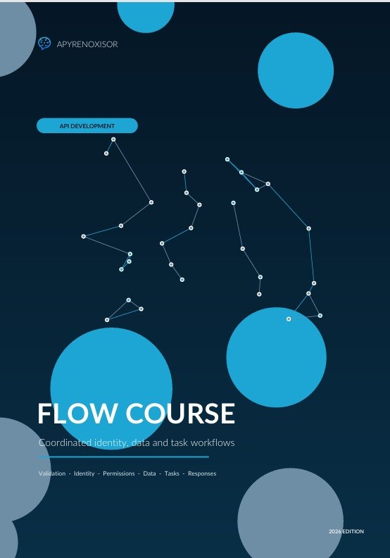 A dark navy graphic with bright blue circles, white text reading 'FLOW COURSE,' and abstract connected dots forming constellation-like lines. Small text at the top left appears to read 'APRENO.