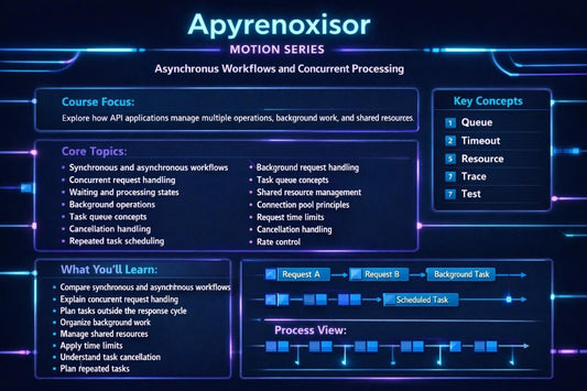 An educational infographic titled 'Apyrenoxisor MOTION SERIES' about asynchronous workflows and concurrent processing, featuring text sections, key concepts, learning outcomes, and process view diagrams on a dark blue background with glowing neon lines.