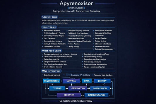 A digital course overview graphic for 'Apyrenosisor Prime Series: Comprehensive API Architecture Overview'. The graphic features a dark navy blue background with white text and a central blue flowchart detailing course topics such as requirements analysis, service responsibility mapping, and data ownership, along with key learning outcomes and an API architecture diagram.