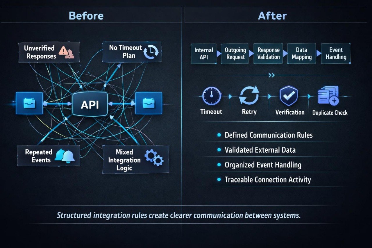 A dark blue technology infographic comparing API integration before and after implementation. The left 'Before' section shows a chaotic web of connections labeled 'Unverified Responses', 'No Timeout Plan', 'Repeated Events', and 'Mixed Integration Logic' radiating from a central 'API' box.