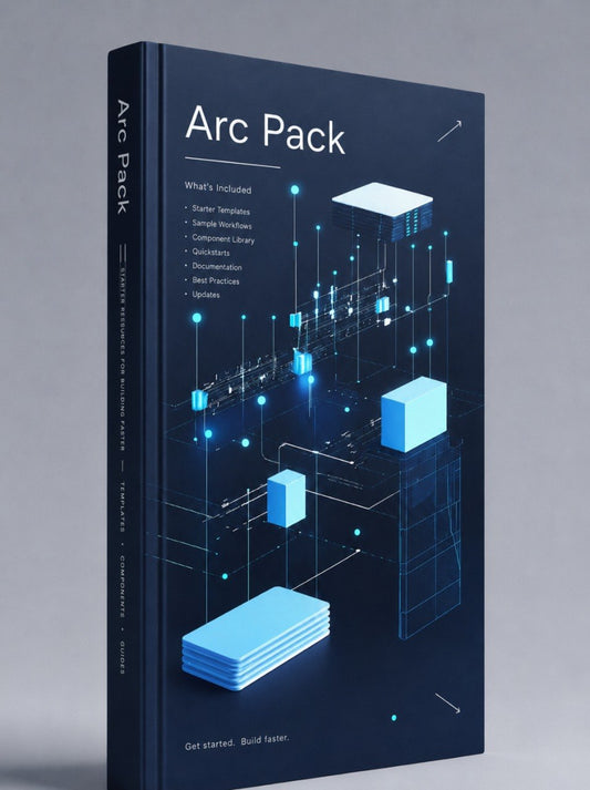 A 3D book-style cover mockup for an Arc Pack digital asset bundle, shown upright on a neutral gray background. The cover is dark navy blue with white title text and bright cyan/blue isometric geometric graphics.
