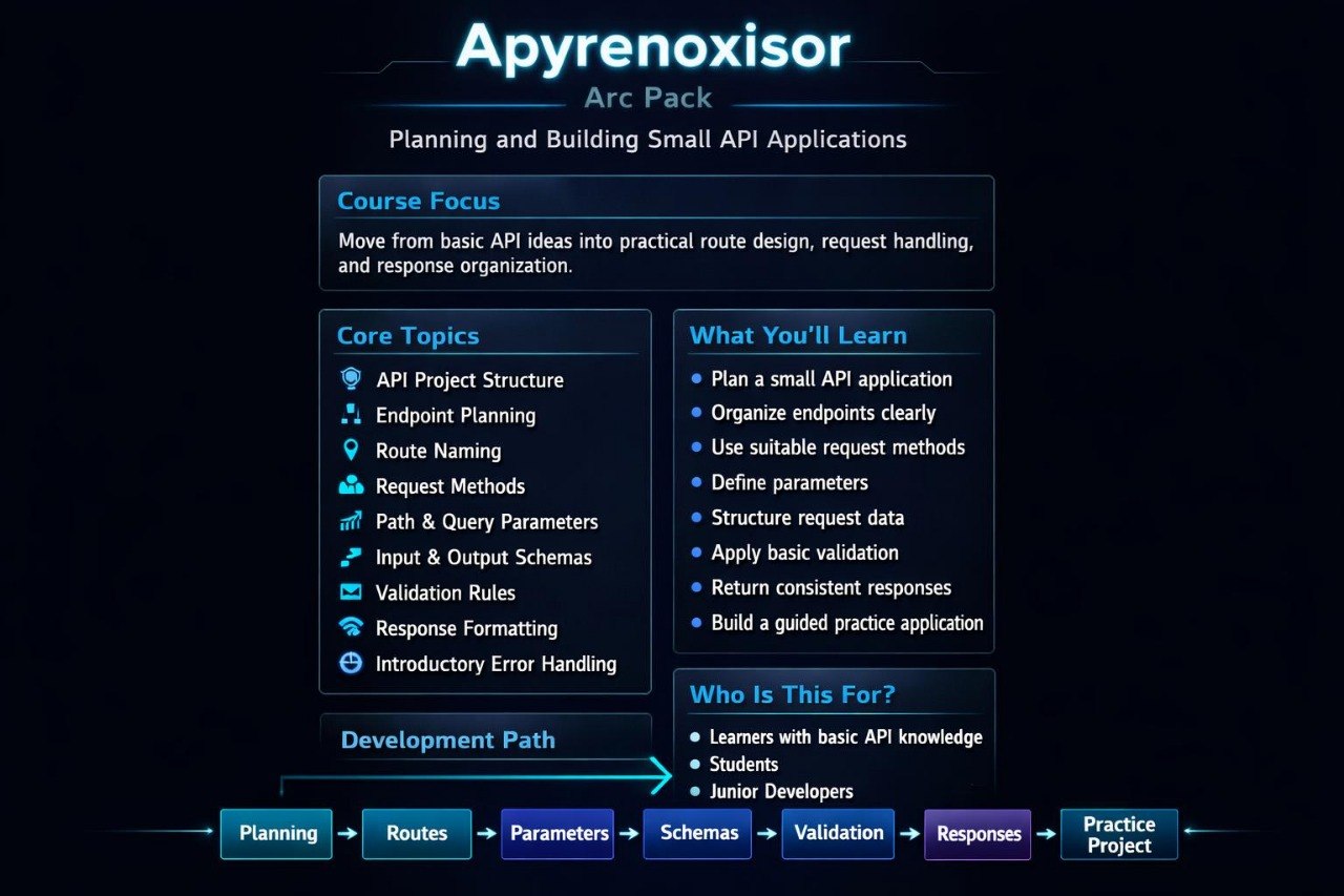 A dark digital course graphic titled 'Apyrenoxisor Arc Pack' with blue panels and text outlining topics such as API project structure, endpoint planning, route naming, request handling, and response formatting, plus a development path from Planning to Practice Project.