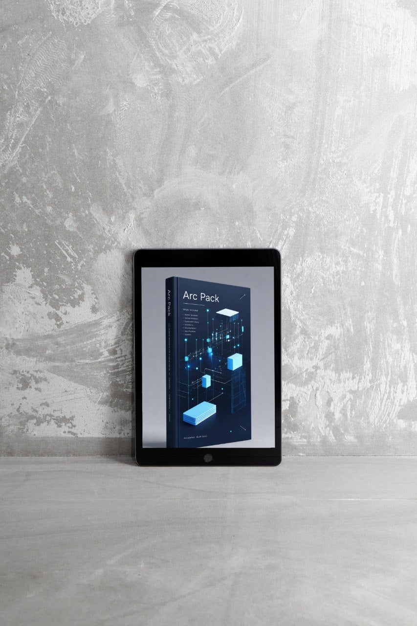 A tablet device standing upright against a textured light gray wall, displaying a digital cover titled 'Arc Pack' with blue geometric graphics.