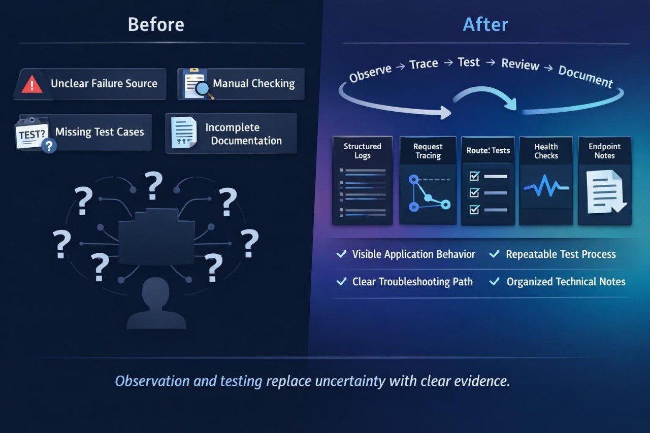 A dark blue and black infographic comparing 'Before' and 'After' software testing approaches. The left side, labeled 'Before', shows icons for unclear failure sources, manual checking, missing test cases, and incomplete documentation, with a silhouette of a person surrounded by question marks.