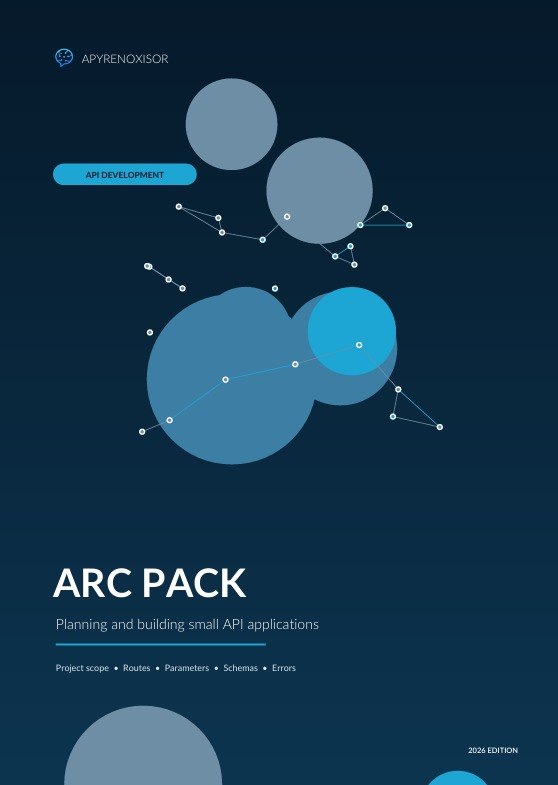 A dark blue cover-style graphic for an Arc Pack guide or document, with abstract blue and gray circles connected by thin lines, the title 'ARC PACK,' and smaller text reading 'Planning and building small API applications.'.