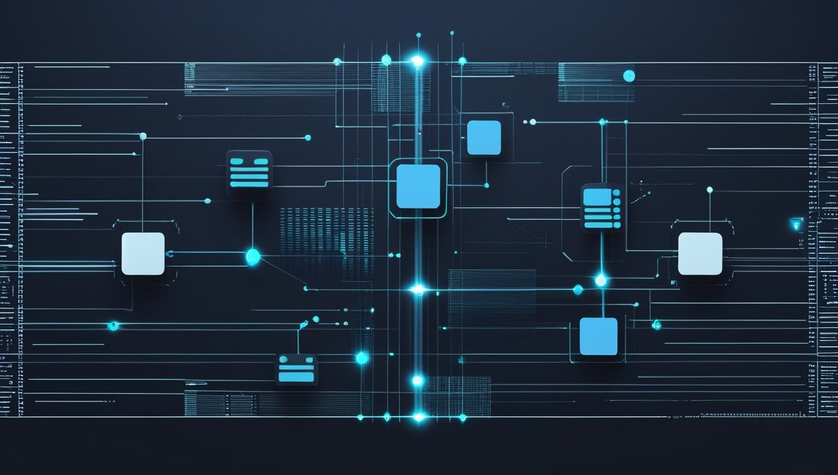 Abstract digital graphic of a dark blue technology network with glowing cyan lines, circuit-like nodes, and several white and blue square blocks.