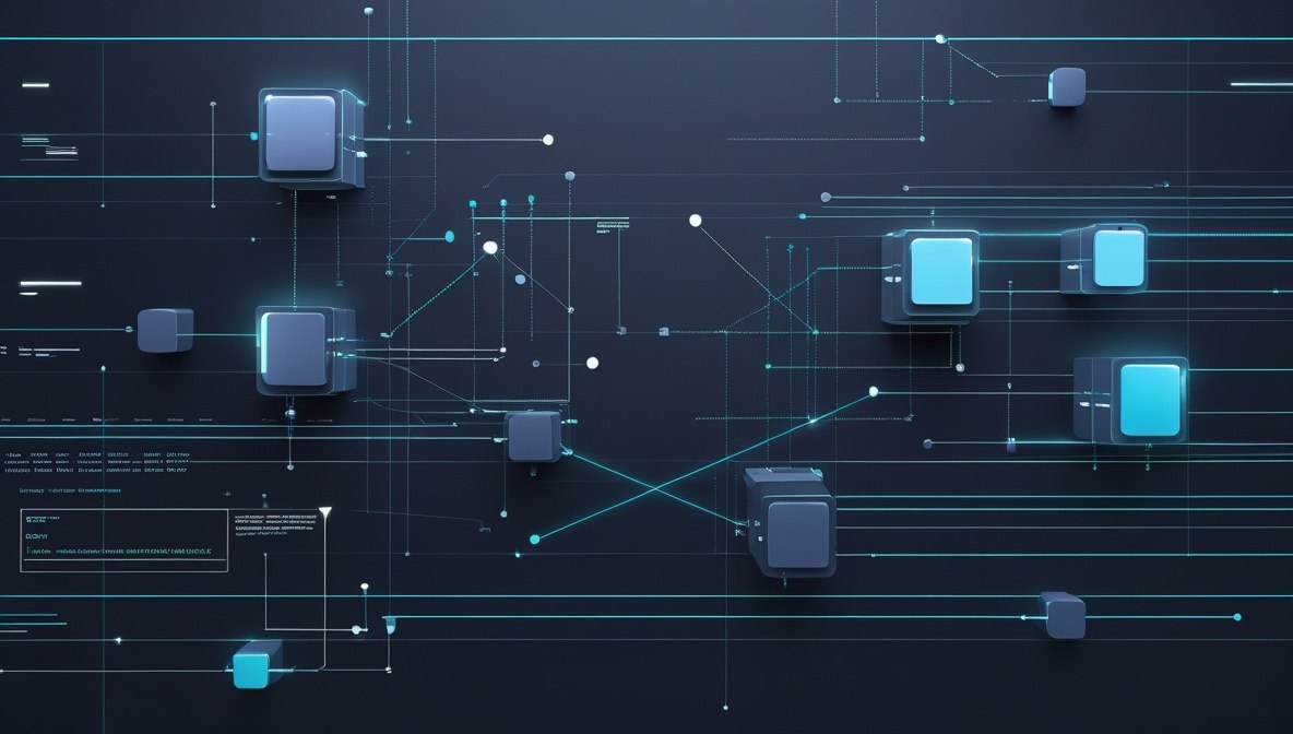 Abstract digital illustration of a dark network or circuit board with glowing blue lines, connected rectangular blocks, and small technical interface elements on a black background.
