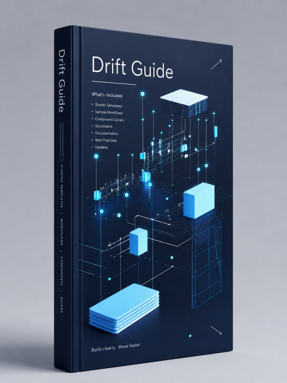 A 3D book mockup titled 'Drift Guide' standing upright on a neutral gray background. The book cover is dark navy blue with white text and light blue 3D isometric cube graphics representing software components.