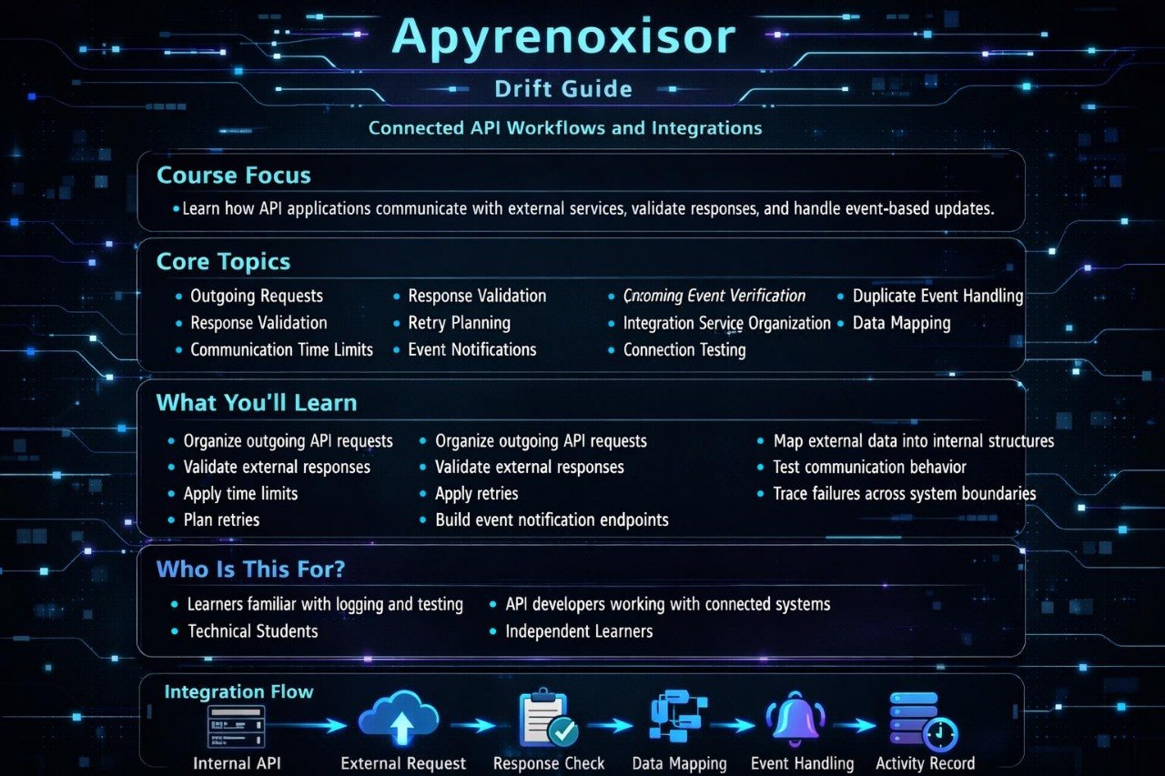 A digital slide titled 'Apyrenoxisor Drift Guide' with a dark blue and black circuit-board background, featuring sections on course focus, core topics, what you'll learn, who is this for, and an integration flow diagram with icons.