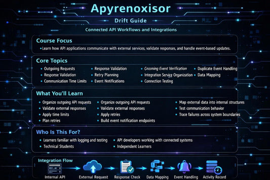 A digital slide titled 'Apyrenoxisor Drift Guide' with a dark blue and black circuit-board background, featuring sections on course focus, core topics, what you'll learn, who is this for, and an integration flow diagram with icons.