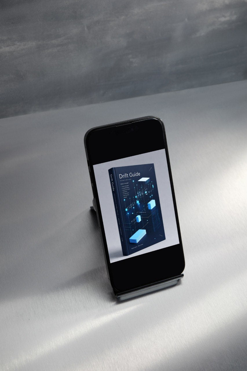 A black smartphone on a small stand displaying a book cover titled 'Drift Guide' with blue geometric graphics, set against a gray textured background.