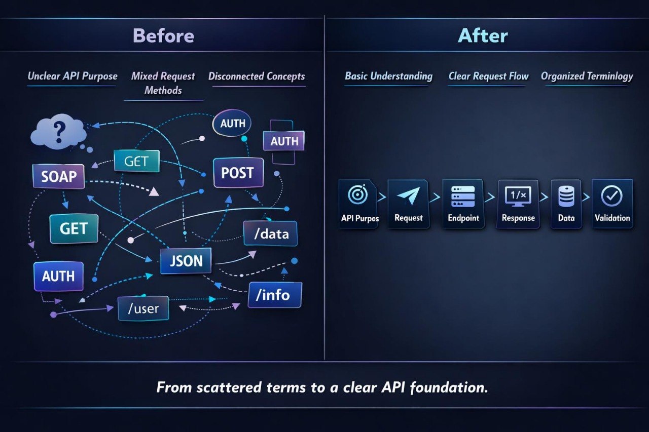 A dark blue educational infographic comparing 'Before' and 'After' states of API understanding. The left 'Before' section shows a complex, messy web of disconnected API terms like SOAP, GET, POST, JSON, /data, and /user with arrows.