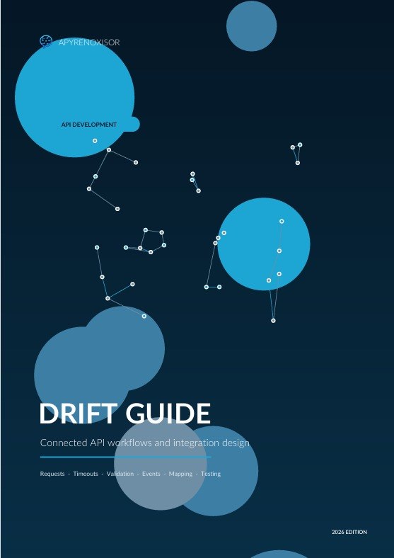 A book or guide cover titled "DRIFT GUIDE" with the subtitle "Connected API workflows and integration design," shown on a dark navy background with abstract blue circles and small white connection marks. The brand name "APRENDIOR" appears near the top.