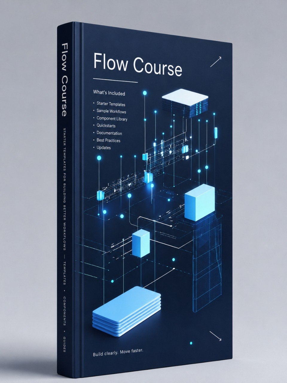 A hardcover book titled "Flow Course" shown standing upright on a light gray studio background. The cover is dark navy blue with white text and glowing cyan-blue geometric line art and block illustrations.