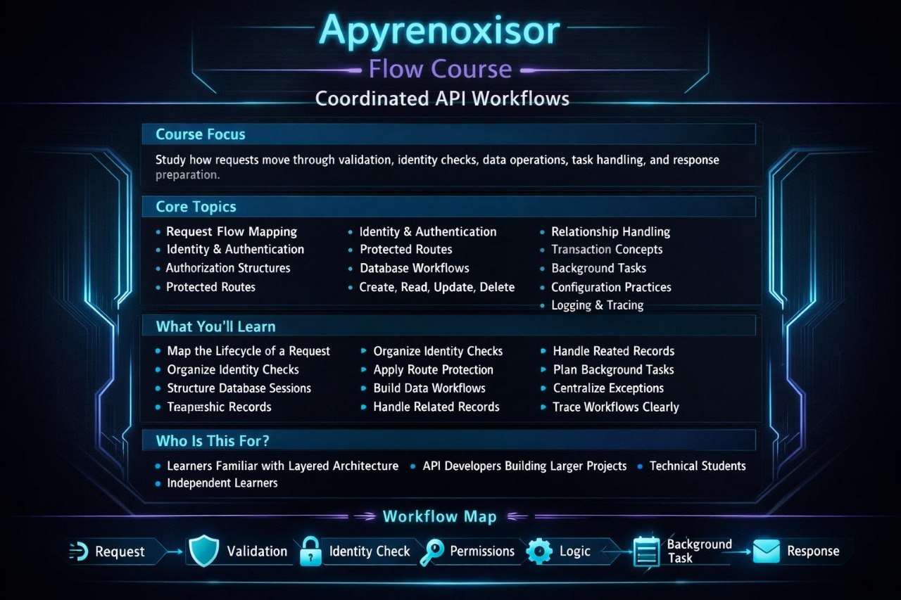 A digital course cover for 'Apynexorizer Flow Course' titled 'Coordinated API Workflows', featuring a dark blue and black background with glowing cyan accents and a central course outline and workflow map.