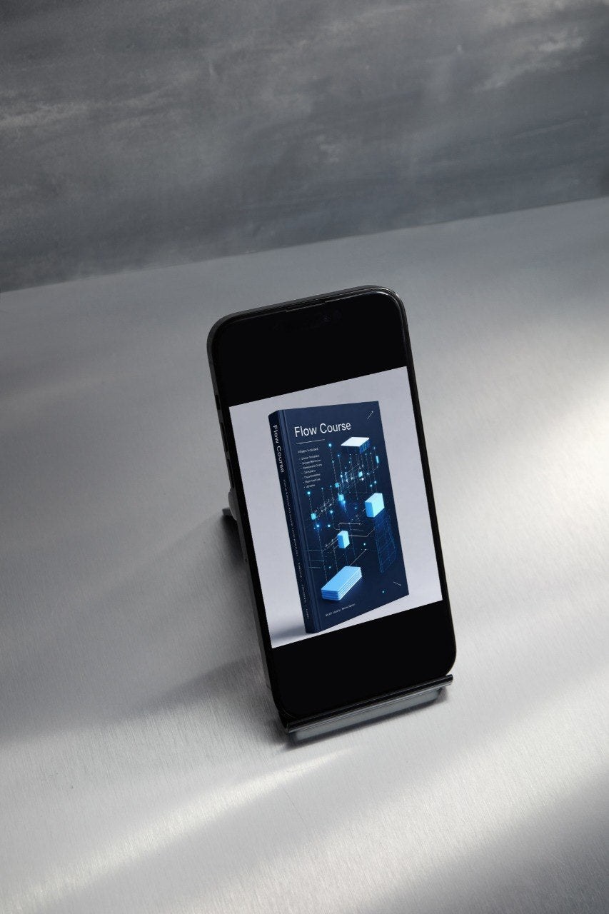 A black smartphone displayed upright on a small stand, showing a digital course cover titled 'Flow Courses' on its screen, set against a gray textured background.