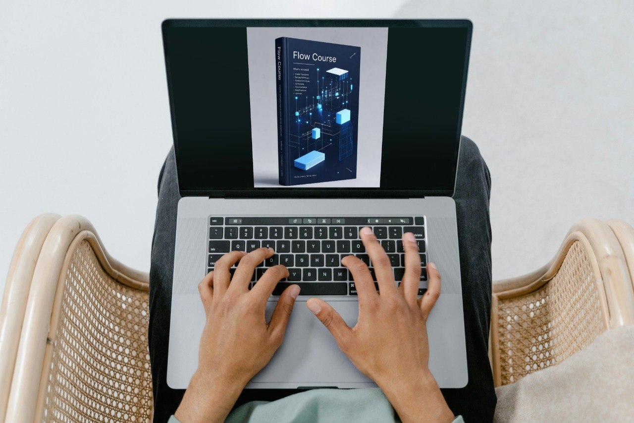 Top-down view of a person typing on a silver laptop while wearing black pants, seated in a woven beige chair. The laptop screen displays a digital course cover titled 'Flow Course'.