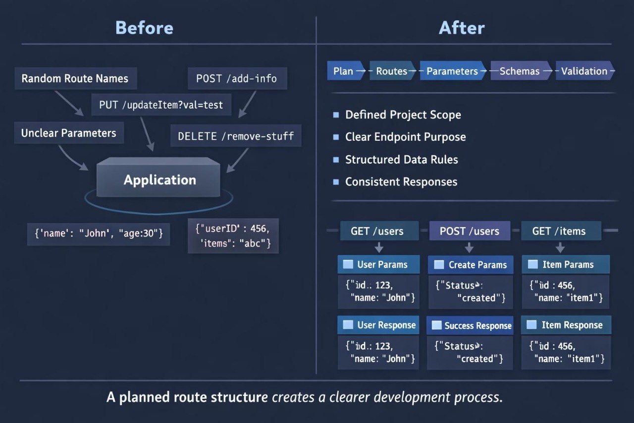 A dark blue infographic comparing a 'Before' state with an 'After' state for software application development. The left 'Before' section shows a loose, random application structure with example JSON data.