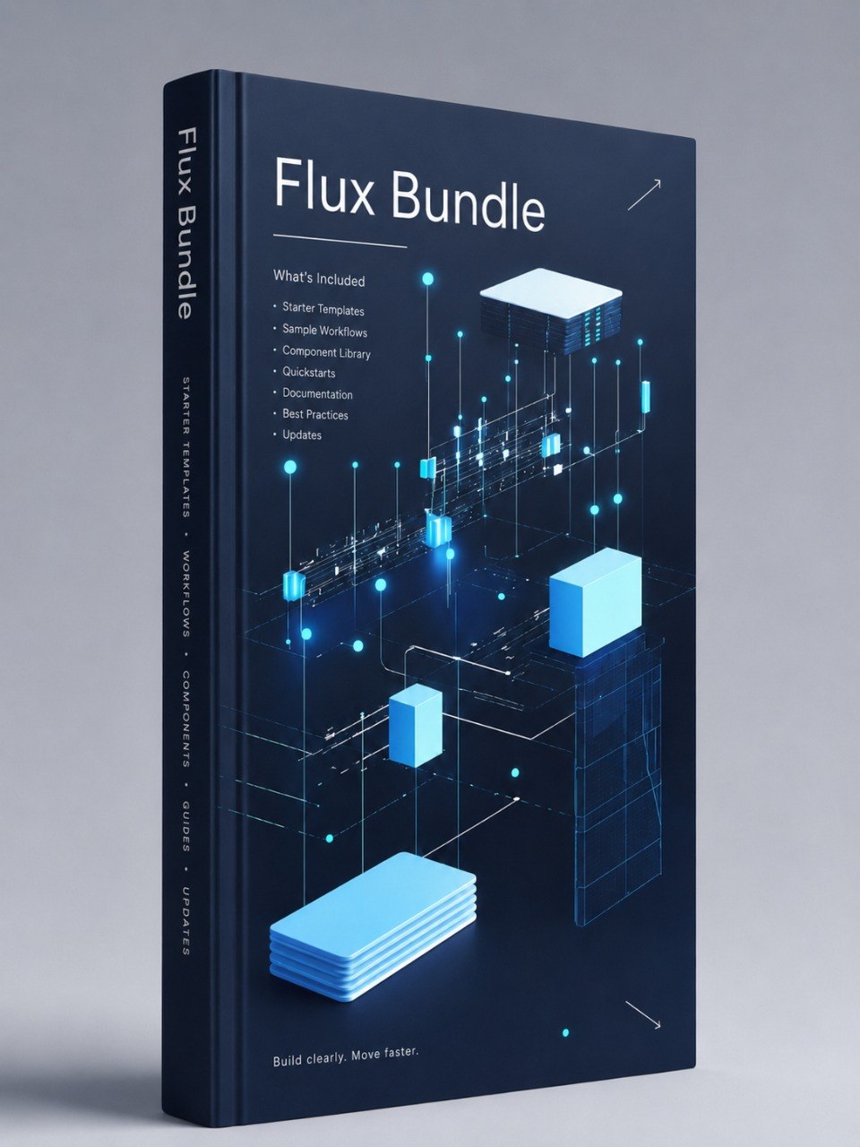 A 3D book mockup titled 'Flux Bundle' standing upright on a light gray background. The cover is dark navy blue with white text and glowing cyan-blue isometric digital graphics resembling blocks and circuit lines.