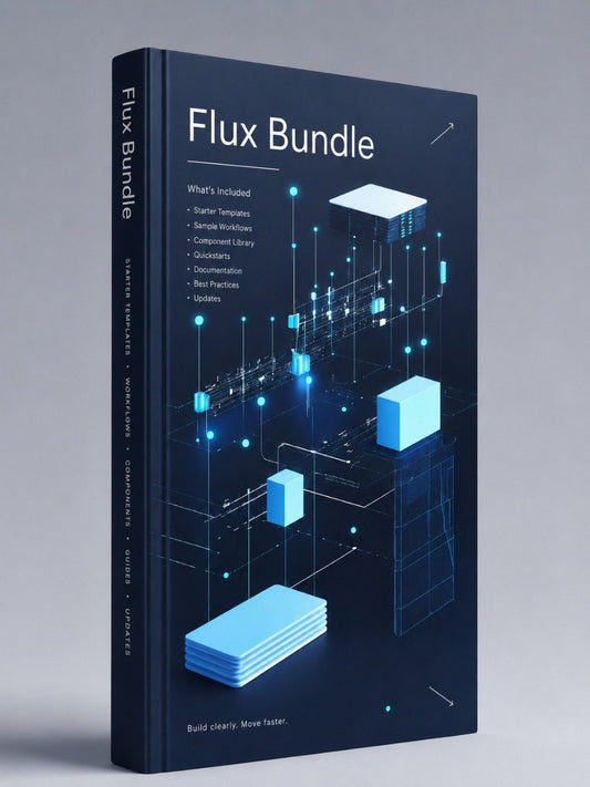 A 3D book mockup titled 'Flux Bundle' standing upright on a light gray background. The cover is dark navy blue with white text and glowing cyan-blue isometric digital graphics resembling blocks and circuit lines.