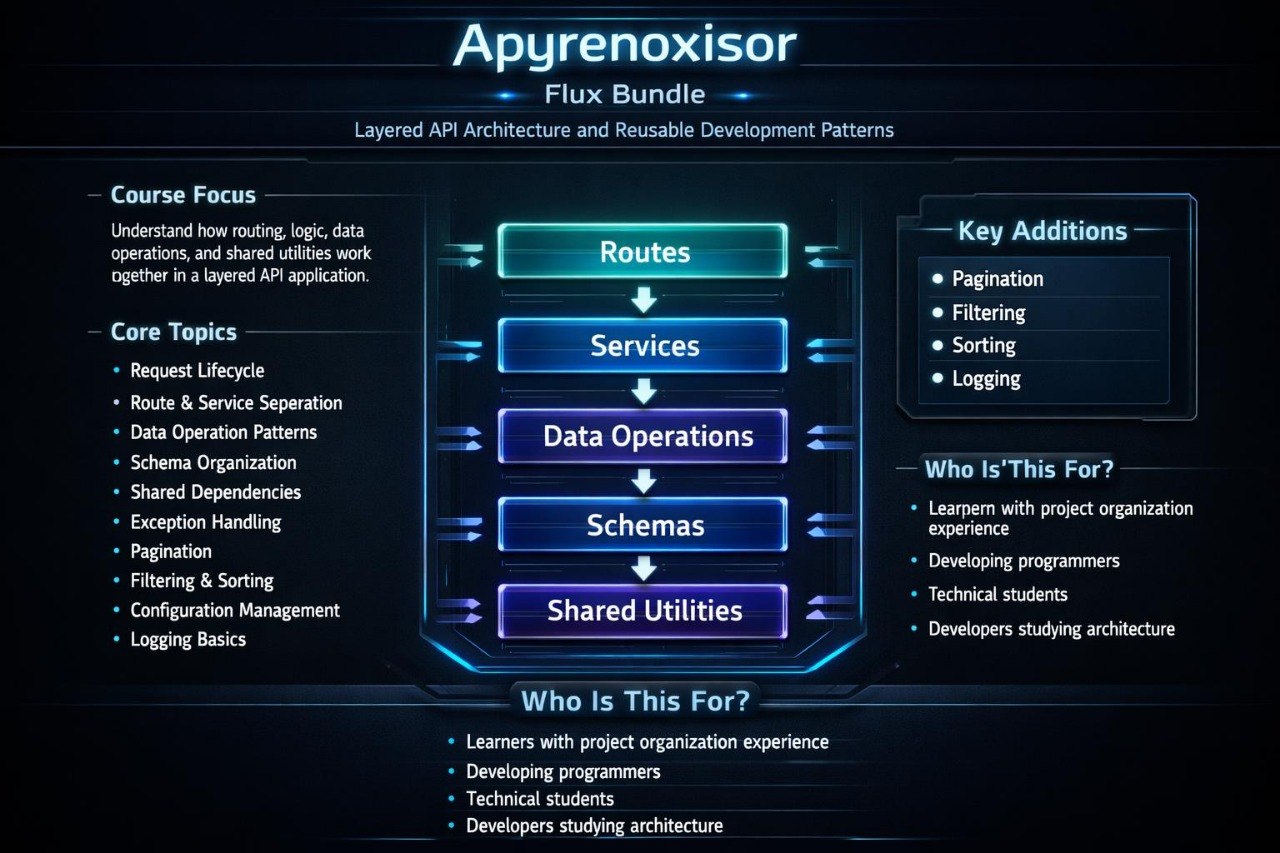 A dark blue and black digital graphic titled 'Apyrenoxisor Flux Bundle' outlining a layered API architecture and reusable development patterns. The layout features central glowing blue boxes for Routes, Services, Data Operations, Schemas, and Shared Utilities, flanked by text sections on Course Focus, Core Topics, Key Additions, and Who Is This For.