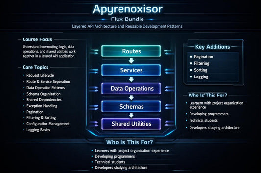 A dark blue and black digital graphic titled 'Apyrenoxisor Flux Bundle' outlining a layered API architecture and reusable development patterns. The layout features central glowing blue boxes for Routes, Services, Data Operations, Schemas, and Shared Utilities, flanked by text sections on Course Focus, Core Topics, Key Additions, and Who Is This For.