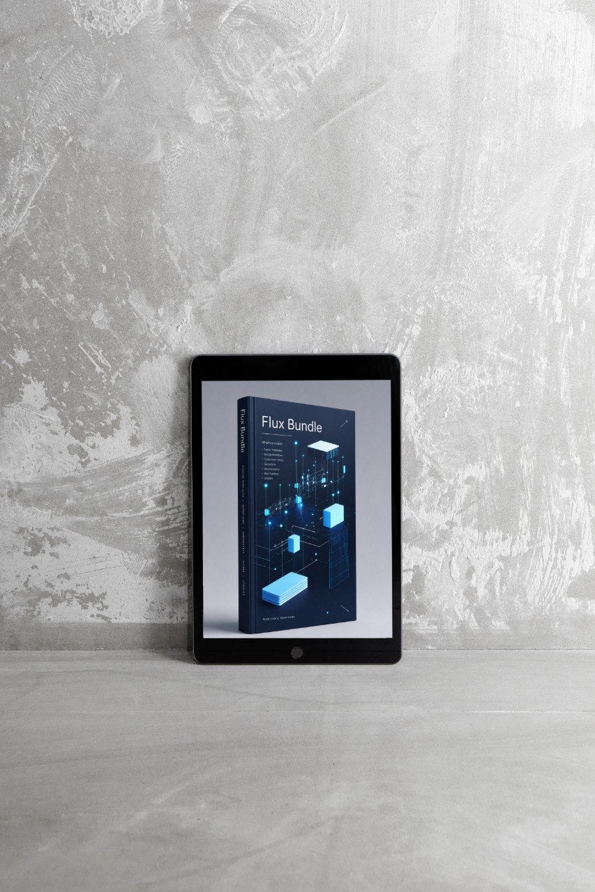 A tablet device standing upright against a textured light gray wall, displaying a book cover titled "Flux Bundle" with a dark blue and black design featuring glowing blue geometric elements.