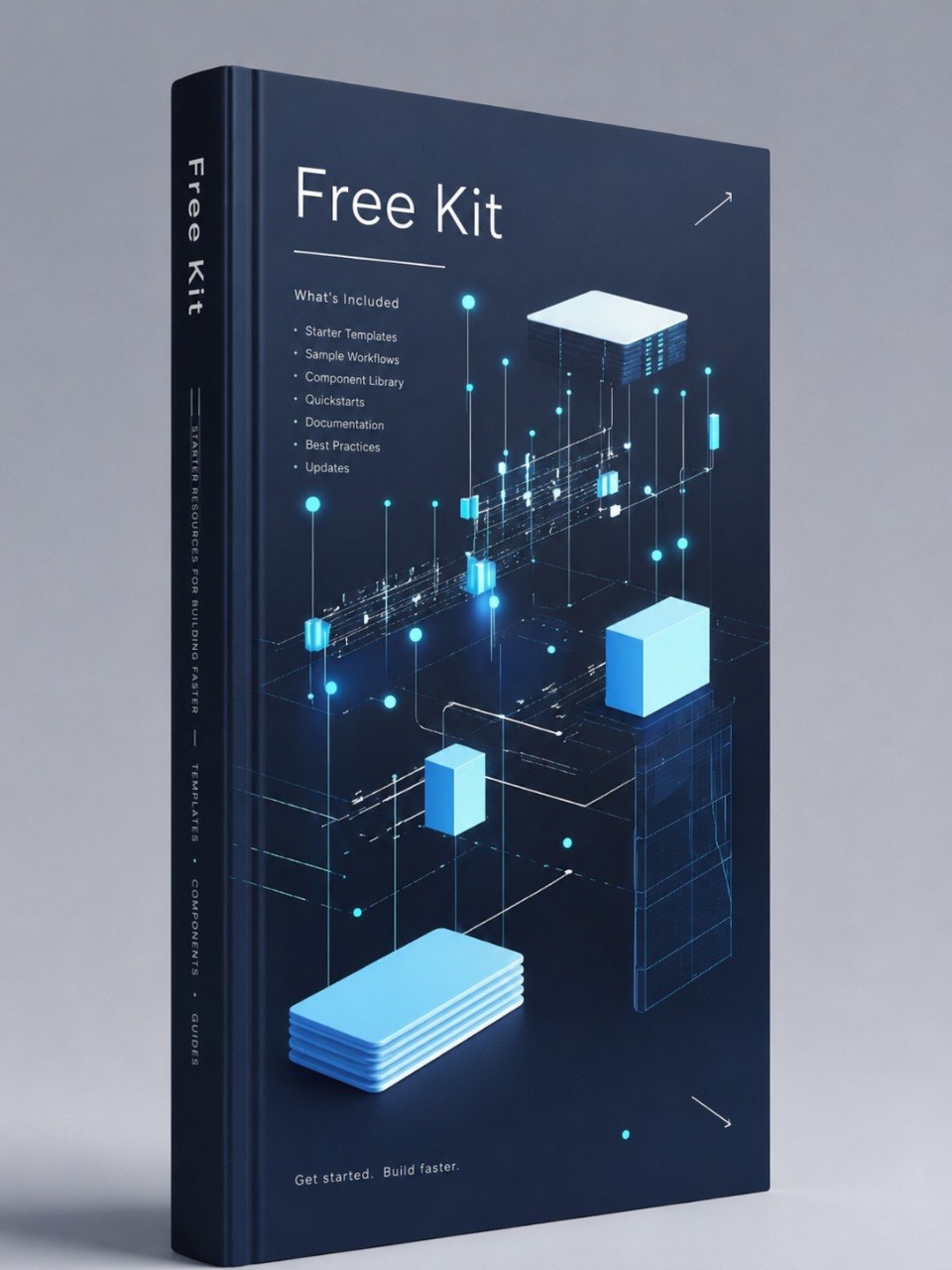 A slim hardcover book titled "Free Kit" shown upright on a neutral gray studio background. The cover is dark navy with glowing blue isometric geometric graphics and white text.