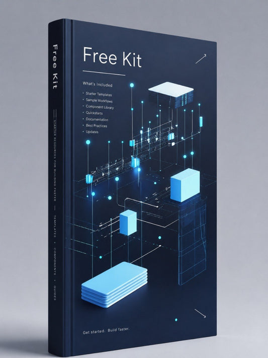 A slim hardcover book titled "Free Kit" shown upright on a neutral gray studio background. The cover is dark navy with glowing blue isometric geometric graphics and white text.