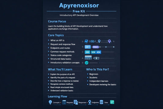 A dark blue digital infographic titled 'Apyrenoxisor Free Kit' outlining course focus, core topics, learning points, and a learning flow for an introductory API development overview.