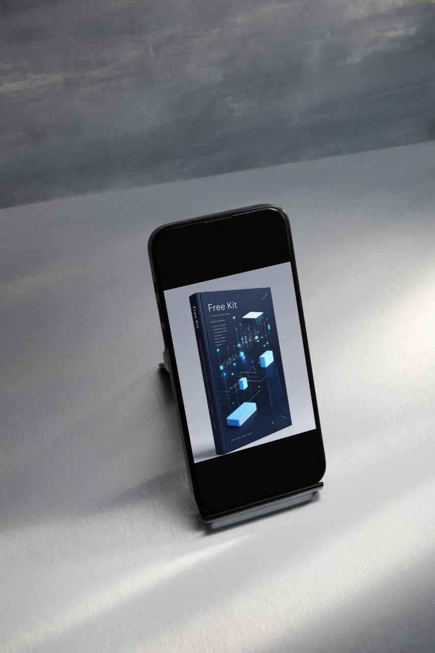 A smartphone on a small stand displaying a book cover titled 'Free AI' against a gray studio background.