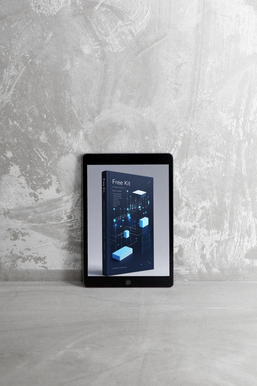 A tablet device standing upright on a light gray surface against a textured gray wall, displaying a dark blue book or box cover with the text 'Free Kit' and abstract geometric graphics on its screen.