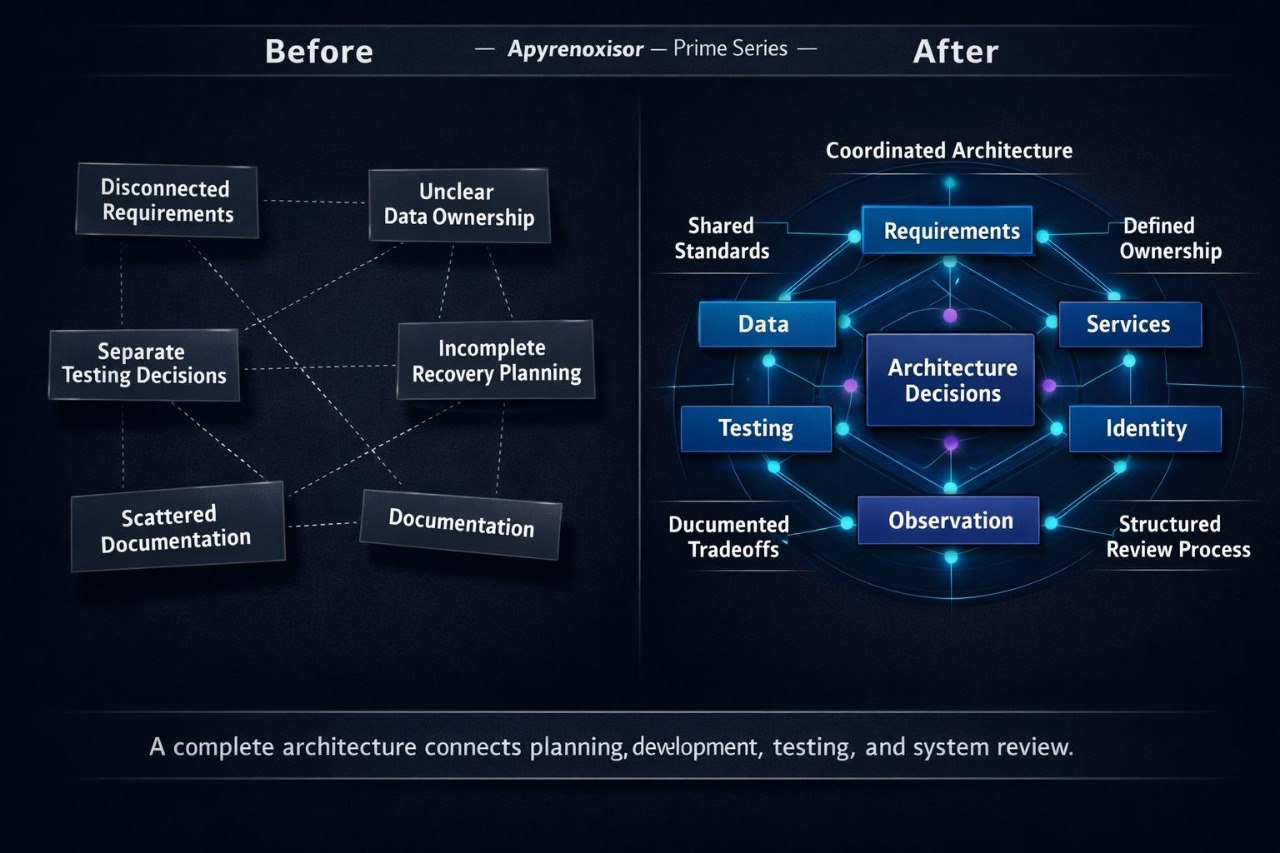 A dark digital infographic comparing 'Before' and 'After' states for an aprenoxistor prime series product. The left 'Before' section lists disconnected requirements, separate testing decisions, and scattered documentation.