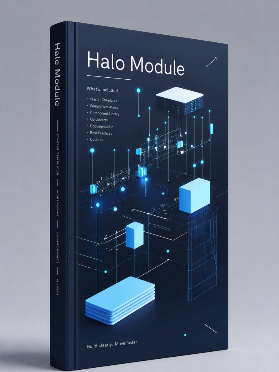 A 3D book mockup for 'Halo Module' software, featuring a dark navy blue cover with isometric light blue digital blocks and network diagrams, set against a neutral gray background.
