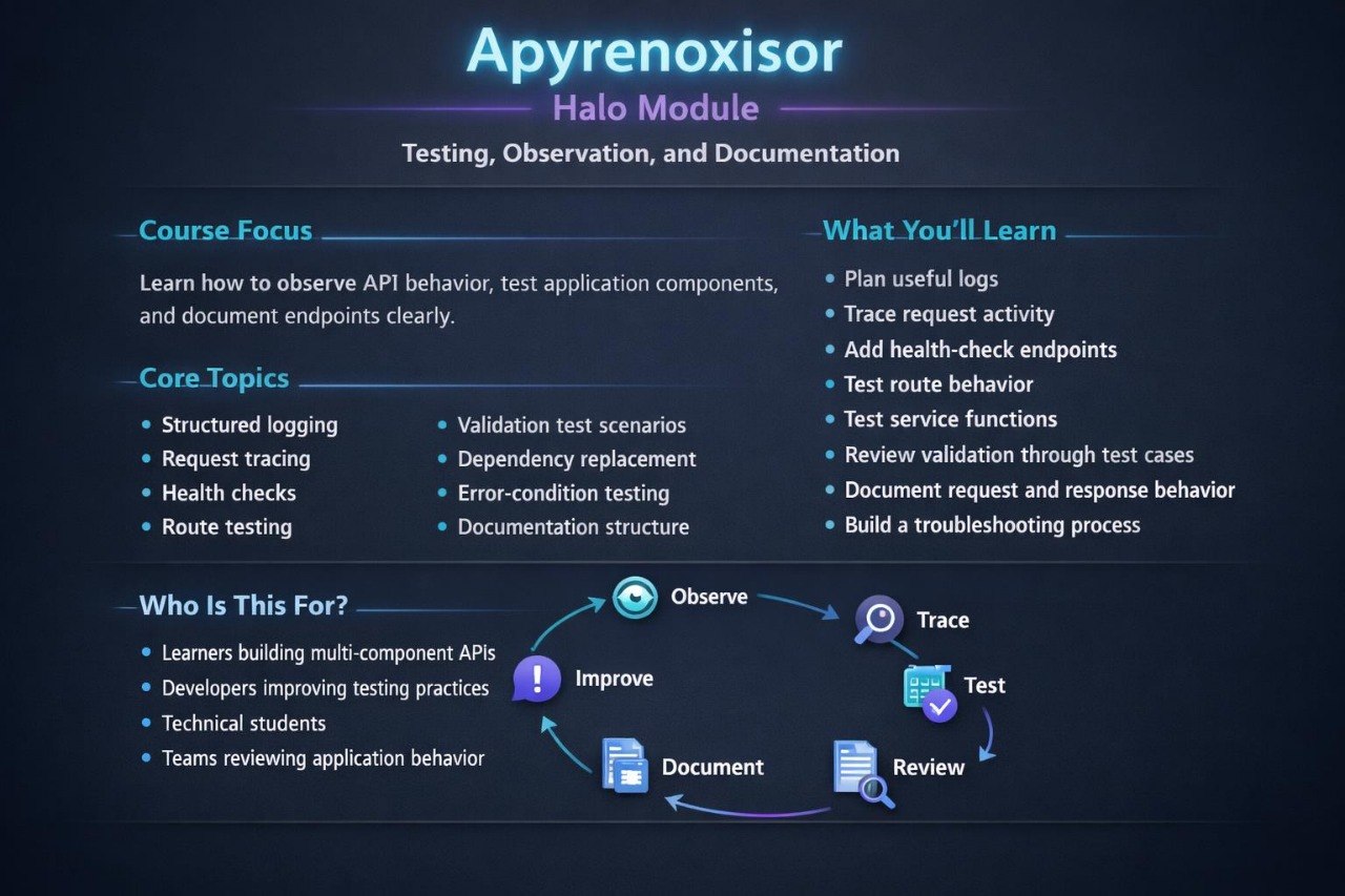 A digital slide titled 'Apyrenoxisr Halo Module' with a dark blue background, outlining course focus, core topics, who it is for, and a process diagram showing observe, trace, improve, document, and review steps.
