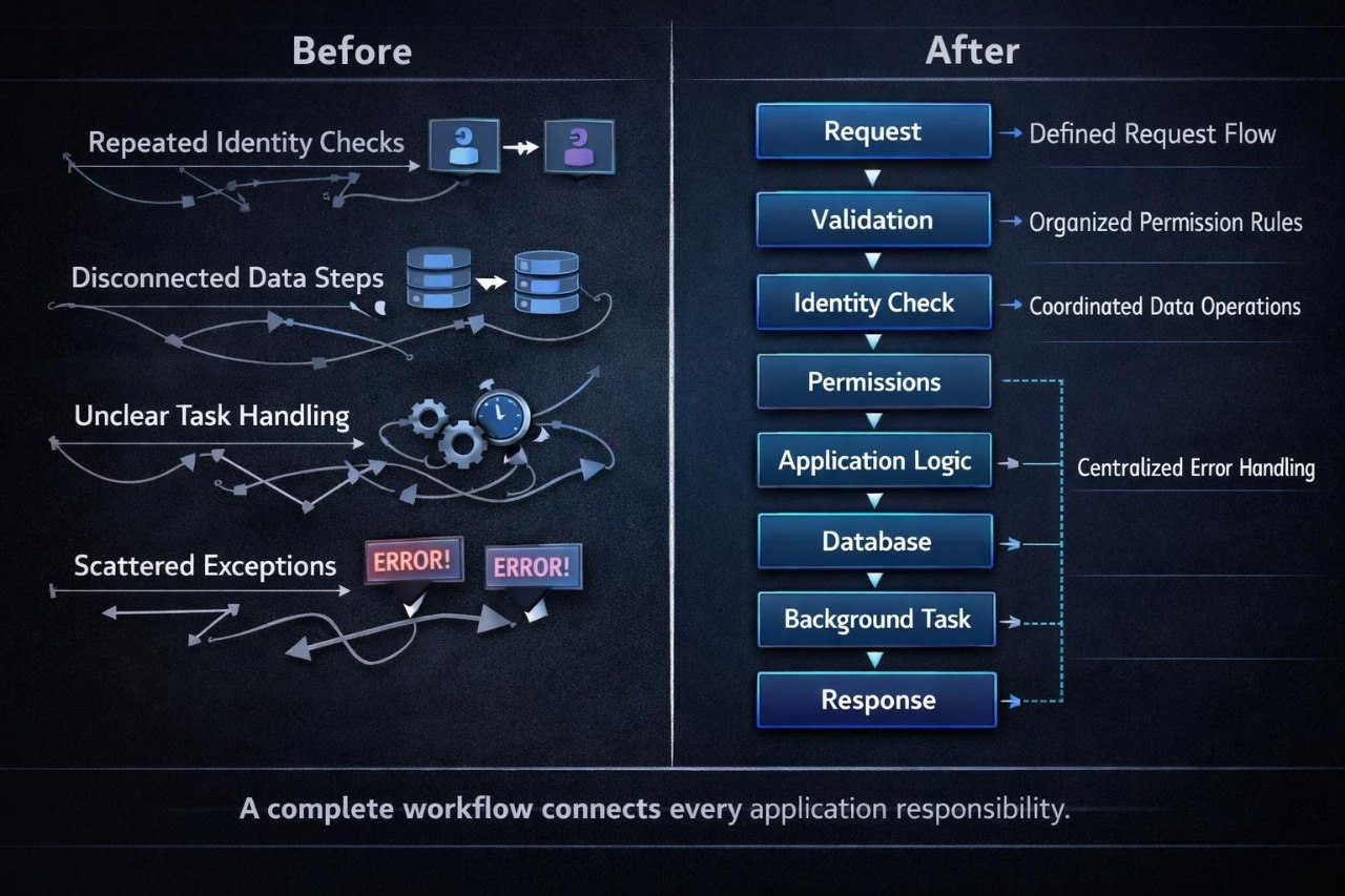 A dark presentation slide comparing a before-and-after workflow diagram. The left side, labeled 'Before,' shows tangled process steps with arrows, icons, and scattered error boxes.