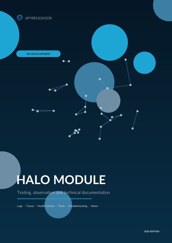 A book or module cover design with the title 'HALO MODULE' and subtitle 'Testing, observation and technical documentation' on a dark blue background with abstract blue circles and white line graphics. The brand name 'APRENOXISOR' appears at the top left.