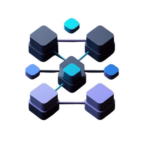 A 3D digital illustration of a network or data structure, featuring dark blue and purple stacked square blocks connected by lines to a central hub with cyan accents, set against a plain white background.