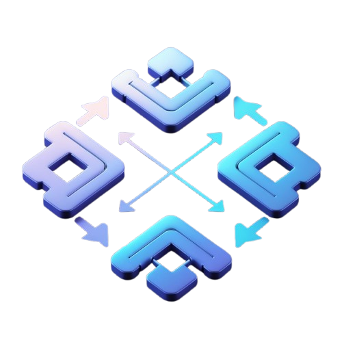A 3D isometric graphic showing four blue and cyan stylized looped shapes arranged around a central crossed arrow on a white background.
