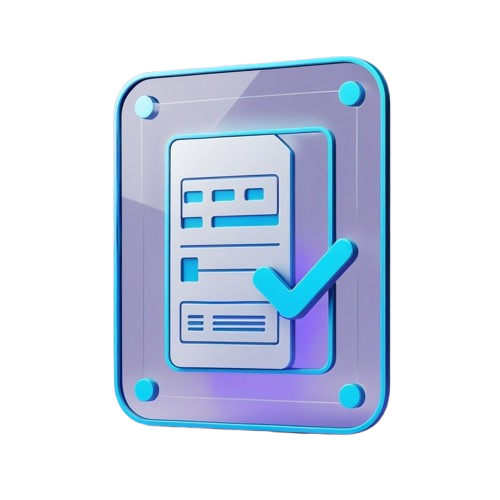 A 3D digital icon of a glossy, rounded rectangular plate with a blue border, featuring a white document with blue lines and a blue checkmark, set against a plain white background.