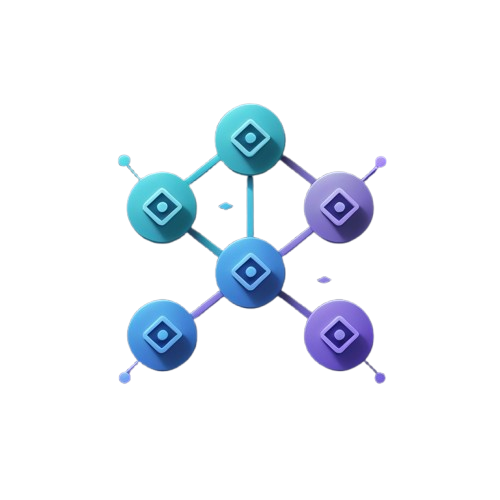 A 3D digital illustration of a geometric network or molecular structure composed of six circular nodes in shades of blue, teal, and purple, connected by lines on a solid white background.