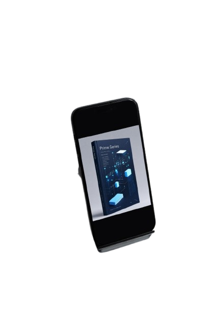 A black smartphone displayed upright on a small black stand against a plain white background. The phone screen shows a book cover with blue and black imagery and the title 'Pune Sagar'.