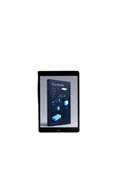 A black tablet device centered on a white background, displaying a dark blue software or digital product cover titled 'Flux Bundle' on its screen.
