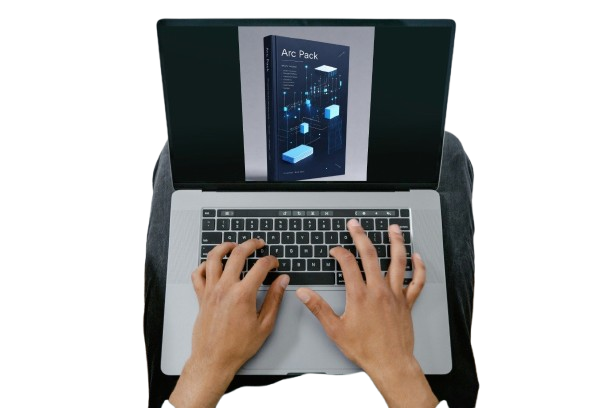 Top-down view of a person typing on a silver laptop with a black screen displaying a digital cover titled 'Arc Pack'.