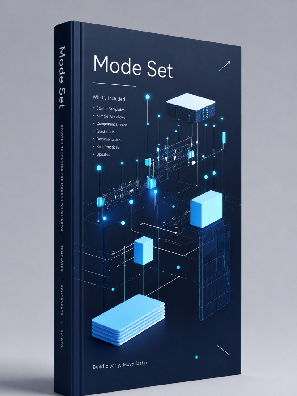 A 3D book mockup titled 'Mode Set' on a clean gray background. The book cover is dark navy blue with white text and light blue isometric 3D block graphics representing software or template modules.