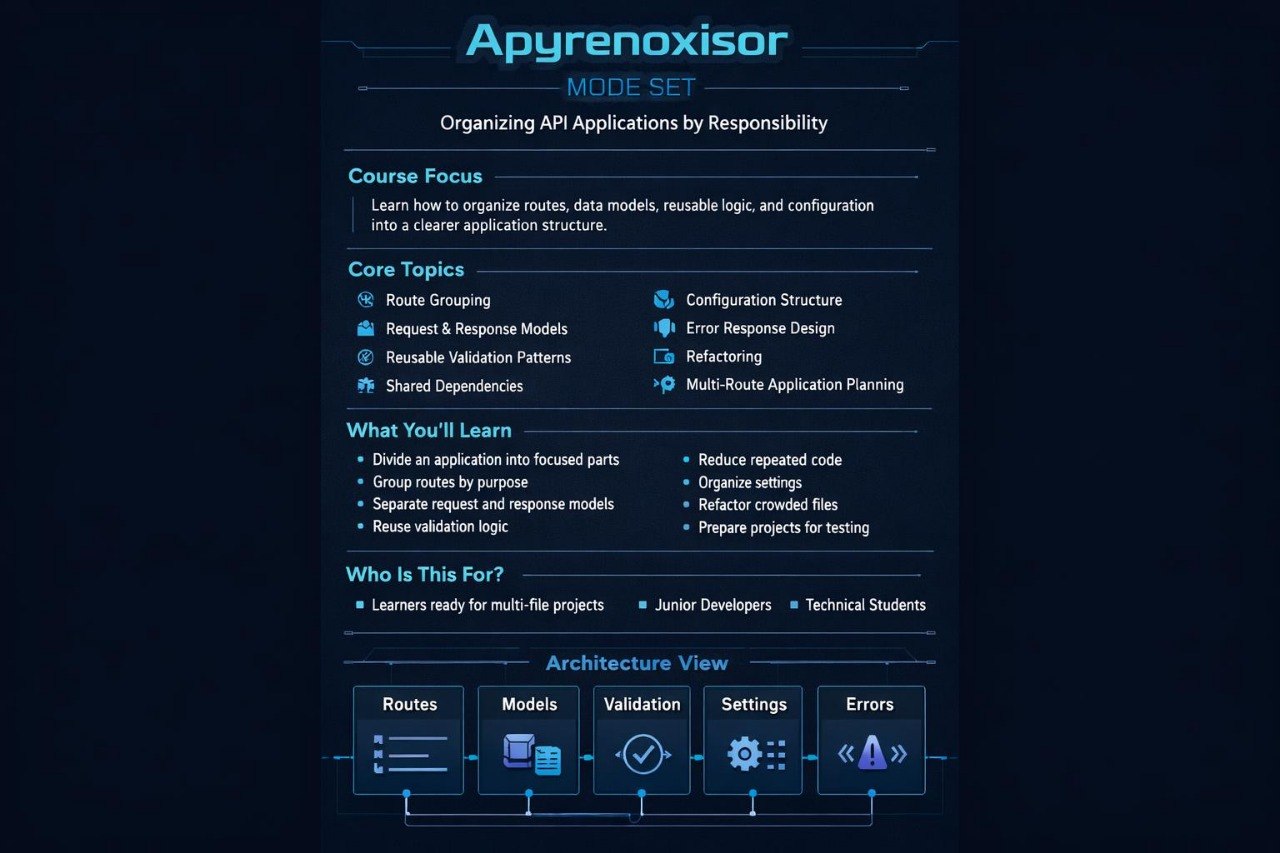 A dark blue digital infographic titled 'Apynroxisor Mode Set' outlining a course or software architecture topic. The layout features white and light blue text detailing course focus, core topics, learning outcomes, target audience, and an architecture view with icons for routes, models, validation, settings, and errors.