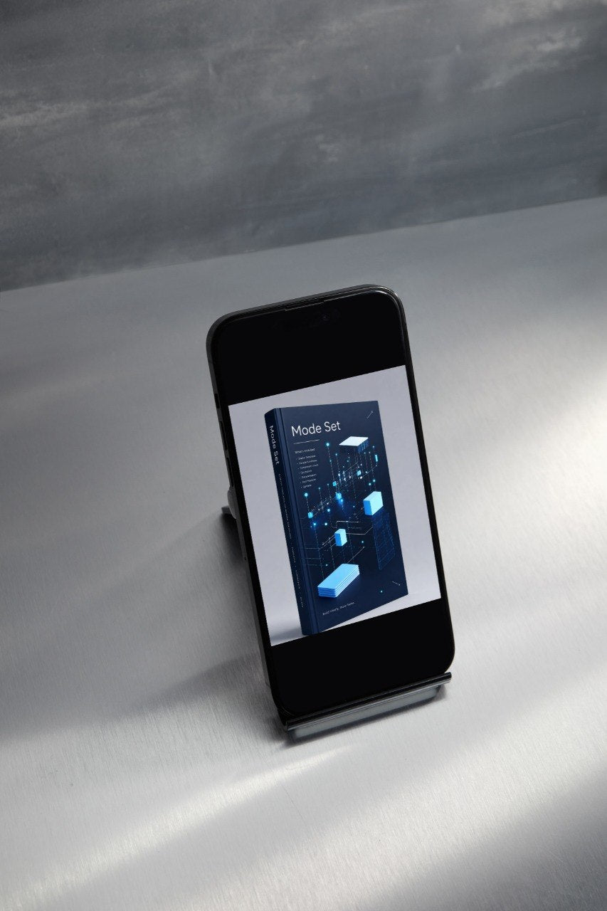 A black smartphone on a small stand displaying a book cover titled 'Model Set' with a dark blue and black futuristic design, set against a gray background.