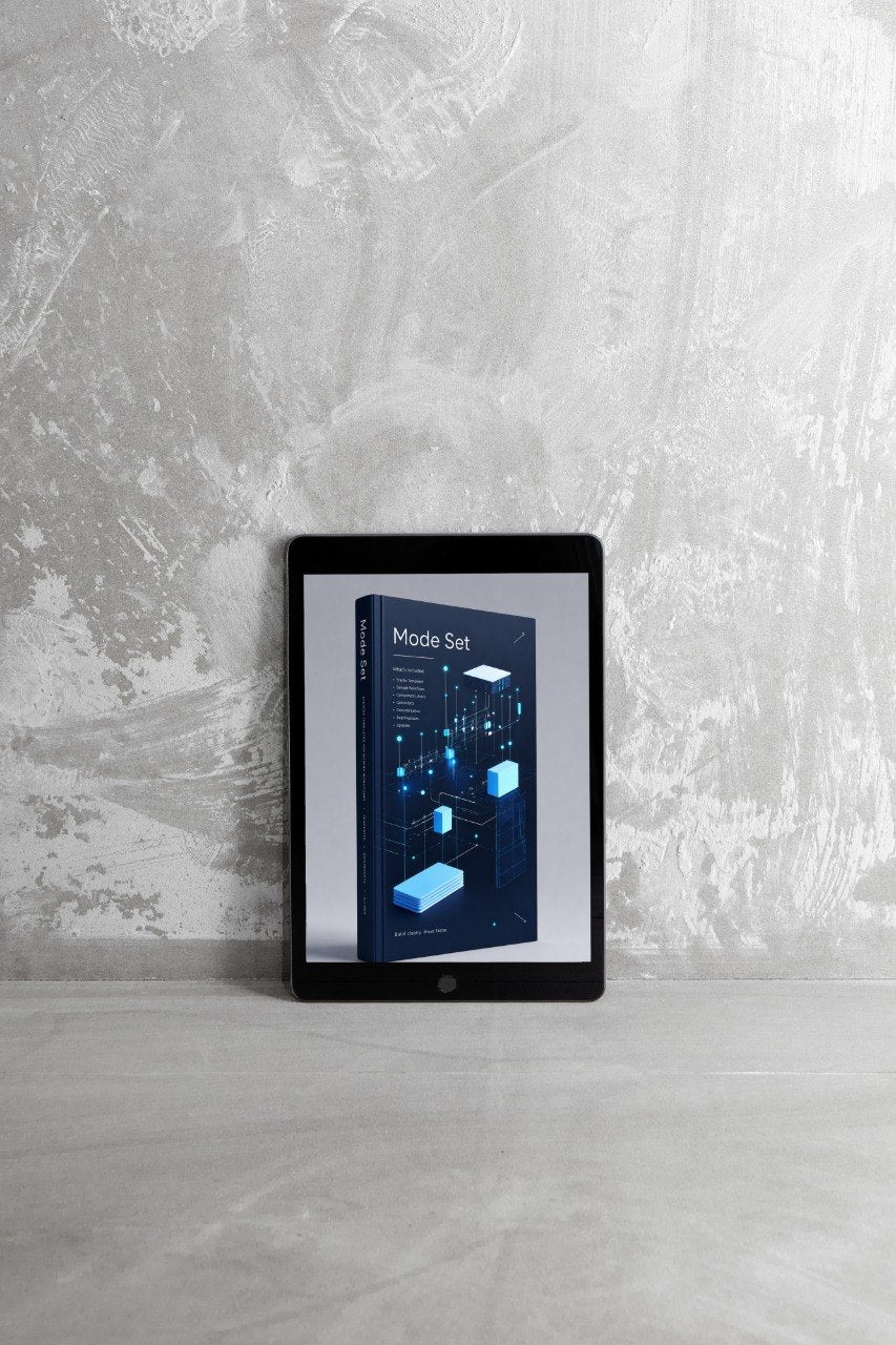 A tablet device standing upright against a textured light gray wall, displaying a book or box cover titled "Mode Set" with a dark blue and black design featuring geometric blue shapes.