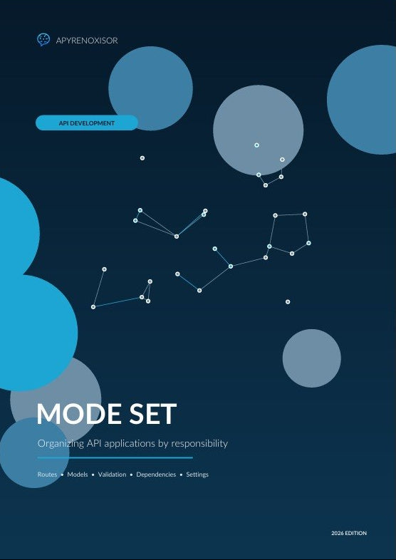 A dark navy cover-style graphic with the title 'MODE SET' and subtitle 'Organizing API applications by responsibility.' The design includes abstract blue circles and white constellation-like line dots on a dark background, with the Aprenexus logo at top left and '2024 Edition' at bottom right.
